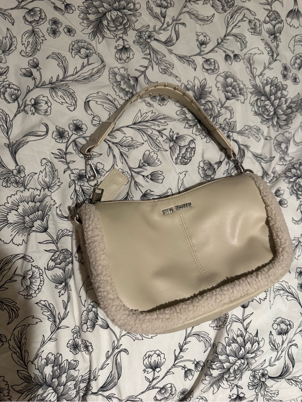 Steve Madden Beige Faux Leather Shoulder Bag with Shearling Trim